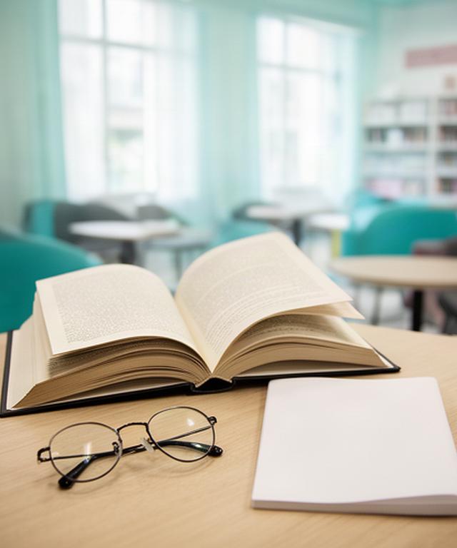 Tavolo di lettura con libro aperto, occhiali e taccuino in una sala luminosa del circolo
