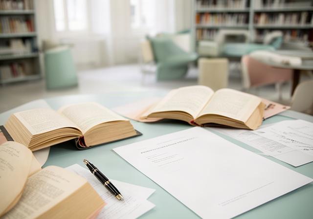 Tavolo di lettura in una biblioteca luminosa con libri aperti e una scheda informativa sulla privacy